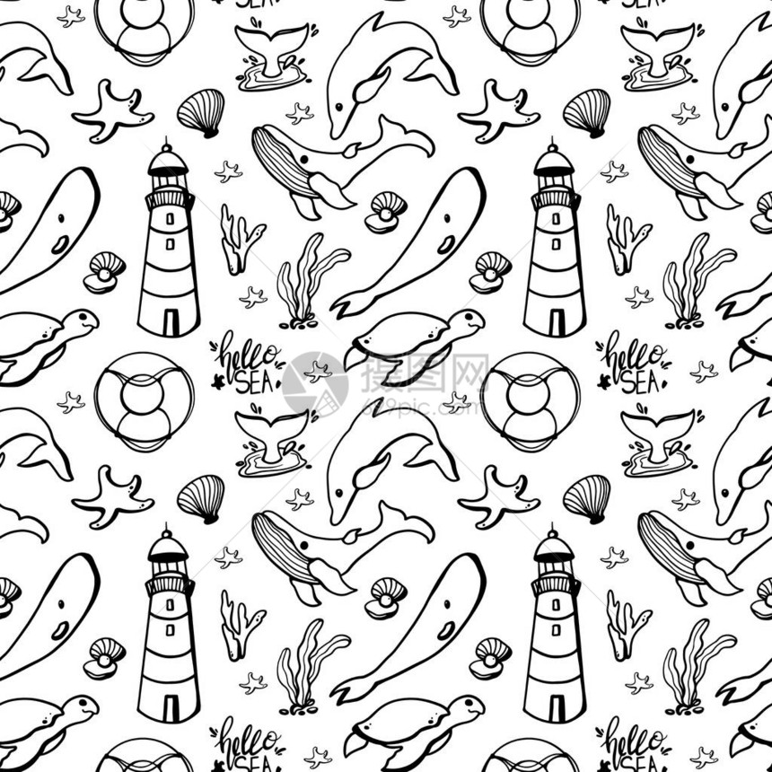数字儿童书籍插图案海洋条纹涂鸦轮廓灯塔救生圈鲸鱼海龟你好海打印织物卡片横幅图片