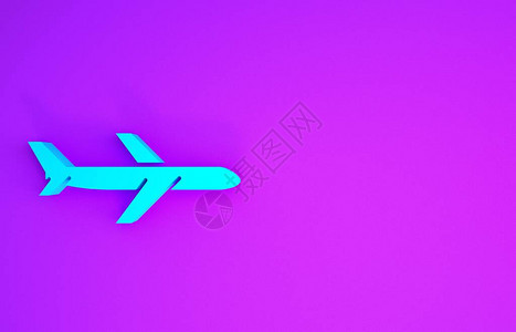 在紫色背景上隔离的蓝色平面图标飞行机图标客机标志极简主义概念3d插图图片
