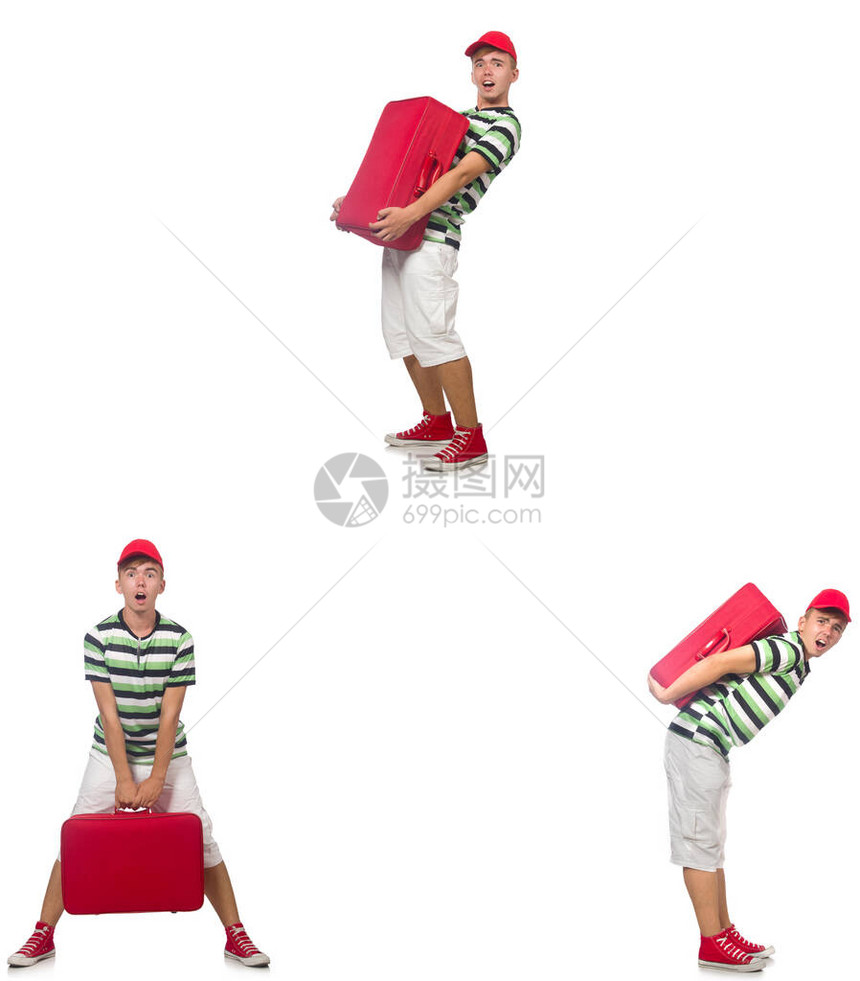带着红色手提箱的年轻人在图片