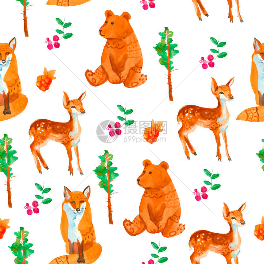 无缝图案与熊浆果鹿狐狸白色孤立背景上的森林可爱动物感恩节设计纺织品社交媒体壁纸包装包图片