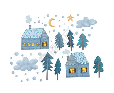 冬季风景水彩冬屋和树木小仙子背景以图片