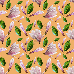 与盛开的玉兰花和叶子的无缝模式水彩插图在孤立的淡橙色背景上为您的设计包装纸织物背景图片