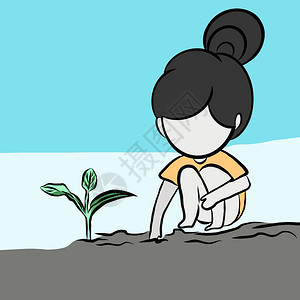 卡通人物年轻女在植物园种植树木园艺小苗生长在平面设计中带图片