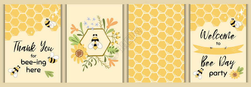 蜜蜂派对套装用于婴儿淋浴儿童派对生日儿童主题活动的甜蜜蜂日卡片模板欢迎谢可爱的手绘邀请打印横幅大黄蜂背景图片