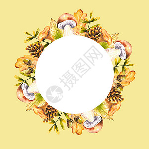 圆形框架与水彩蘑菇叶子松果橡子孤立的插图手绘秋花环图片