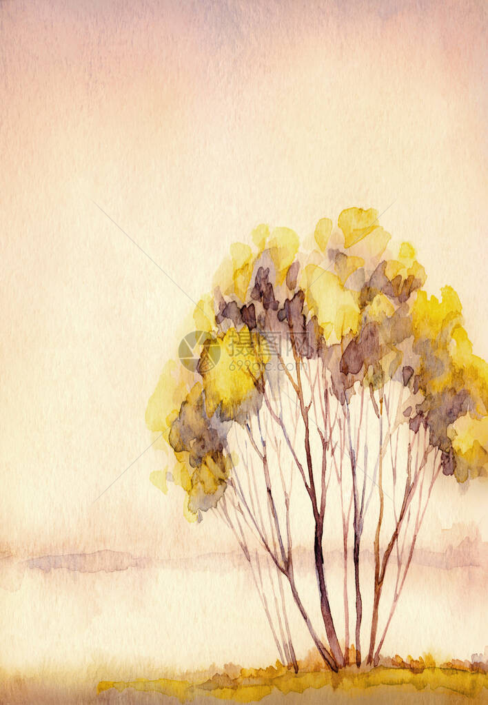 明亮的手绘水彩画家素描新鲜空气日落场景纸张背景文本空间淡黄色油漆艺术品灌木丛山谷草坪图片