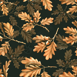 无缝图案与水彩橡树叶和橡子手绘插图在深色背景上彩绘叶子非常适合波西米亚风设计室内壁纸背景图片