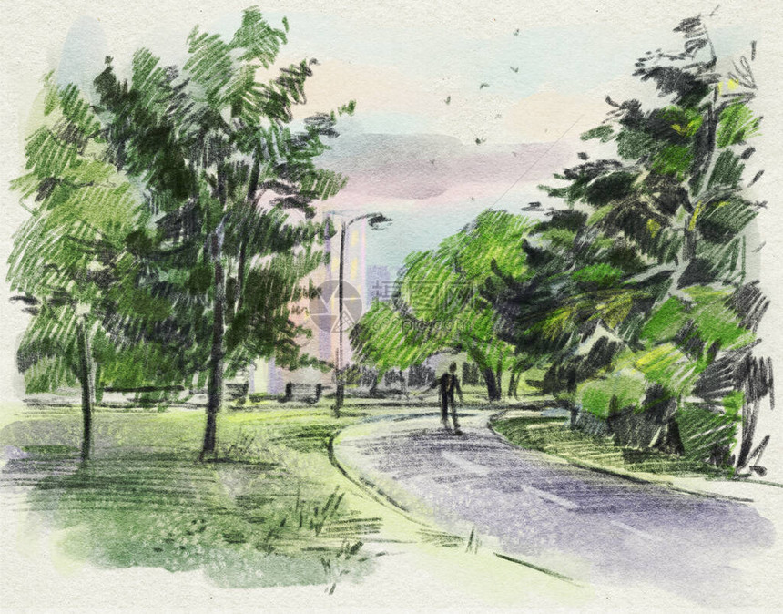 夏季风景城市公园用彩色铅笔画图片