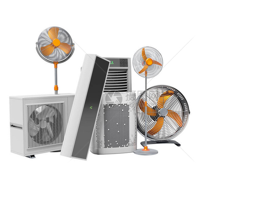 3d使概念风扇空调机和便携式空调机形成白色背图片
