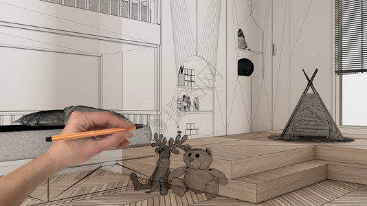 空荡的白色内饰与人字形橡木拼花地板手绘定制建筑设计黑色墨水素描显示现代儿童卧室的蓝图概念背景图片