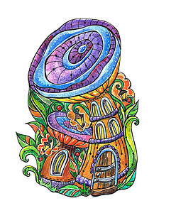 与蘑菇房子的插图卡通蘑菇与房子的插图水彩画手绘色彩斑斓的画面抽象的插图与蘑菇的背景图片