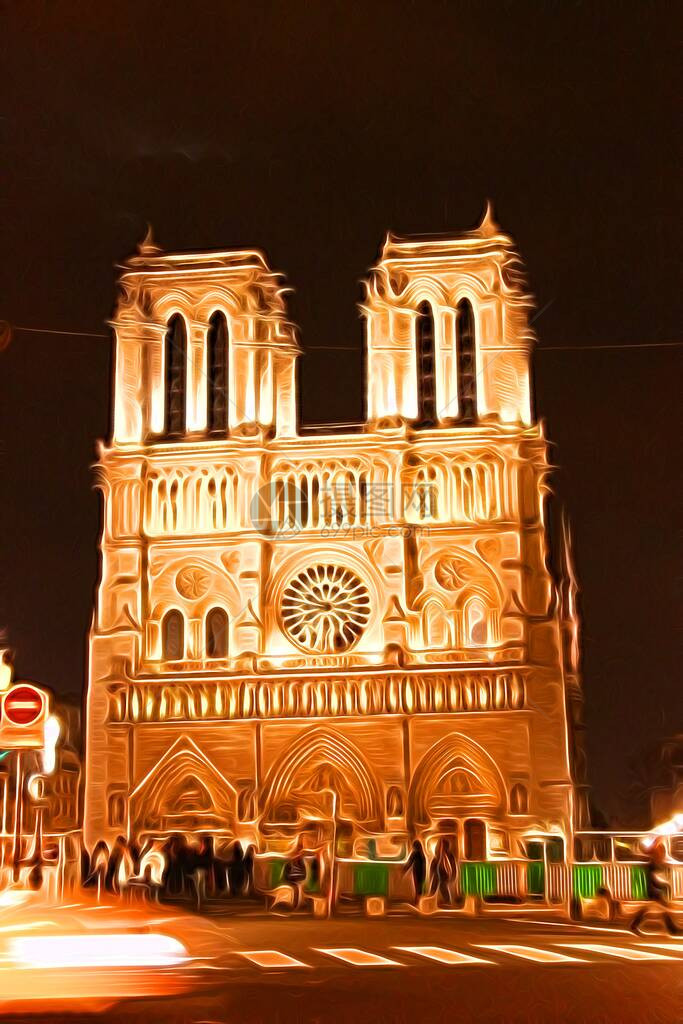 秋季晚间代表巴黎圣母教堂的数字彩色绘画风格图片