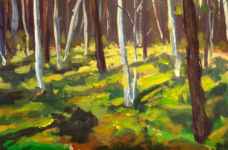 油画美丽的阳光明媚的森林风景水彩画阳光明媚的森林公园树木风景画布图片