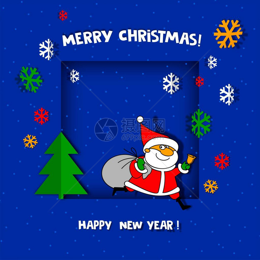 圣诞贺卡与圣诞节和有趣的圣诞老人带着一袋礼物匆忙圣诞横幅标语牌或卡片模板与雪花的冬天例图片