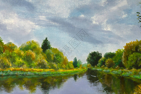 质地图案油画布这幅画描绘了湖泊河流池塘上的秋天树木一年中的美好时光对背景图片