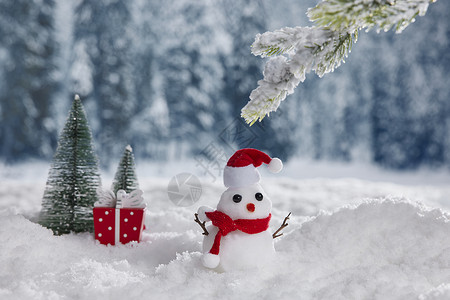 带圣诞帽雪人雪地上的可爱雪人背景