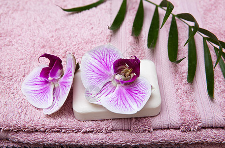 毛巾肥皂和鲜花图片
