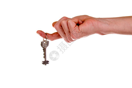 手持钥匙新房子的钥匙挂在白背图片