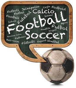黑板以讲话泡影的形式与世界许多语言中的足球一词和一个旧足球背景图片