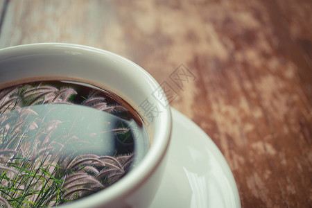 草花在咖啡上用白色杯子在木制图片