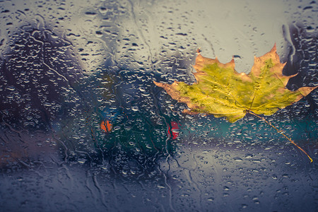 黄色落叶和雨滴在一辆车挡风玻璃上背背景图片
