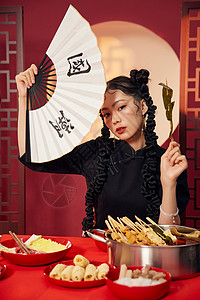吃串串香的国潮美女背景图片