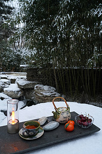 冬天竹子茶具背景