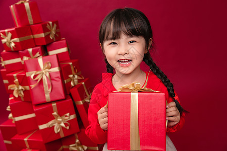 圣诞节PNG快乐的小女孩收到许多节日礼物背景