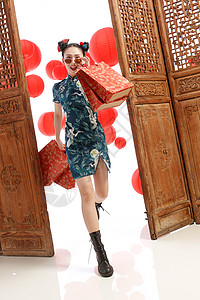 促销漂浮装饰快乐女人新年购物背景