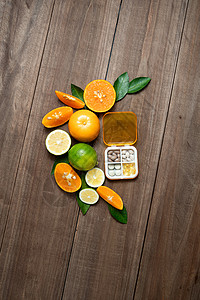 绿色安全食品柑桔类水果和药盒背景