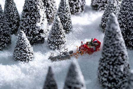 圣诞树林雪地上驯鹿拉着圣诞老人背景