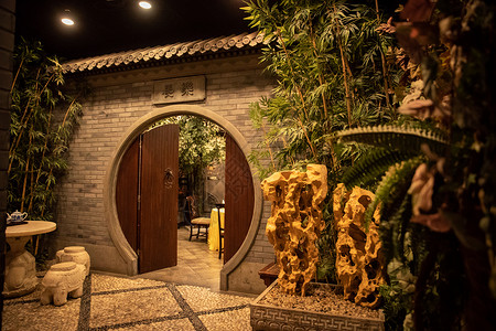 仿真竹子古典式餐厅门口背景