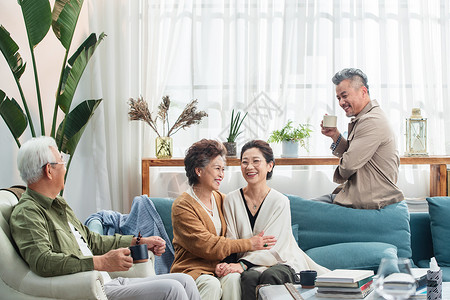 快乐的老年人坐在客厅喝茶聊天图片素材
