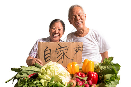 农民夫妇出示自家蔬菜高清图片