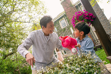 爷爷和孙子在院子里浇花花圃高清图片素材