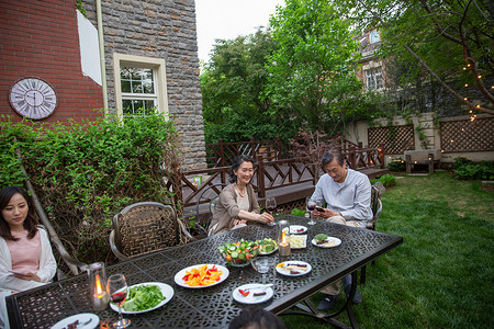 草地宴会快乐家庭在庭院里用餐背景