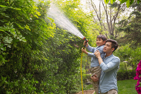 蹲着浇水的男孩快乐父子在院子里浇水背景