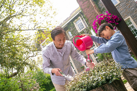 爷爷和孙子在院子里浇花喷壶高清图片素材