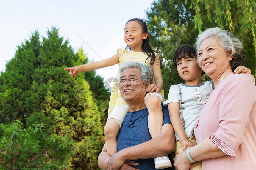 老年夫妇带着孩子们郊游图片