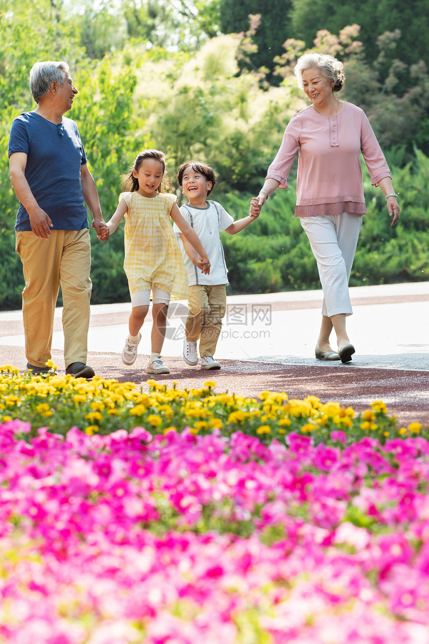 老年夫妇带着孩子们郊游图片