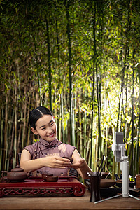 网红复古素材青年女人在线直播茶艺背景