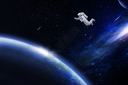 地球与月球航天员在宇宙空间遨游背景