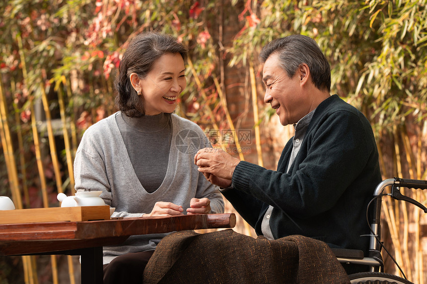 老年夫妇在庭院内品茶图片