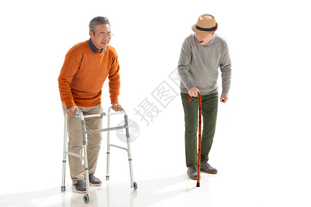 创建幸福社区两位老人拄着拐杖聊天背景