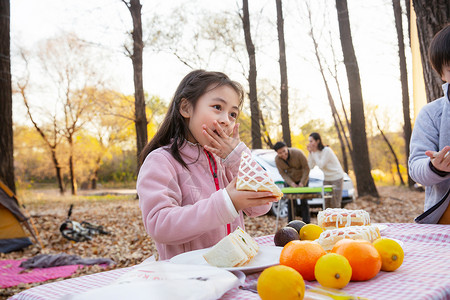 幸福家庭秋天户外野餐高清图片