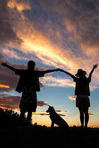 狗剪影夕阳下的快乐夫妇和狗背景