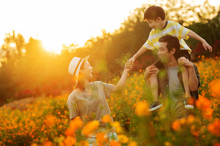 儿童遮阳帽幸福的一家三口站在花丛中背景