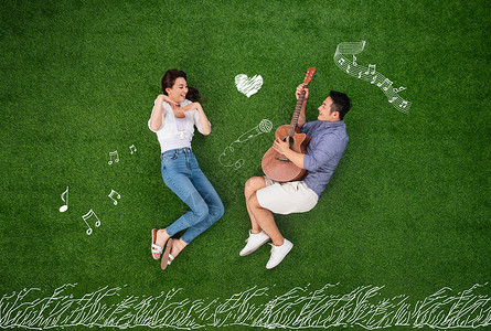 草坪背景插画快乐夫妇弹吉他跳舞背景