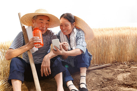 语音直播农民夫妇坐在麦田里用手机视频背景
