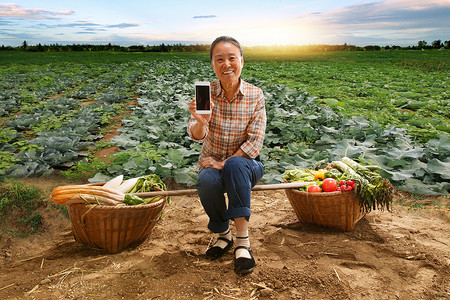 坐在田头的农民拿着手机农业高清图片素材